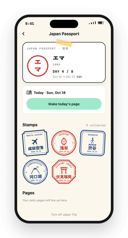 picmi में Japan Passport स्क्रीन, जिसमें पाँच जमा किए गए स्टैम्प हैं